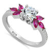 S/S Flower Leaves Ruby Clear CZ Ring