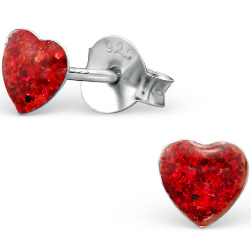 925 Sterling Silver Red Glitter Heart Studs
