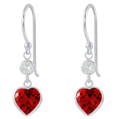 925 S/S Red CZ Heart Drop Hook Earrings