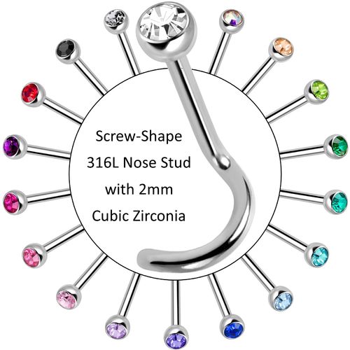 316L Screw Shape Nose Stud with 2mm Crystal
