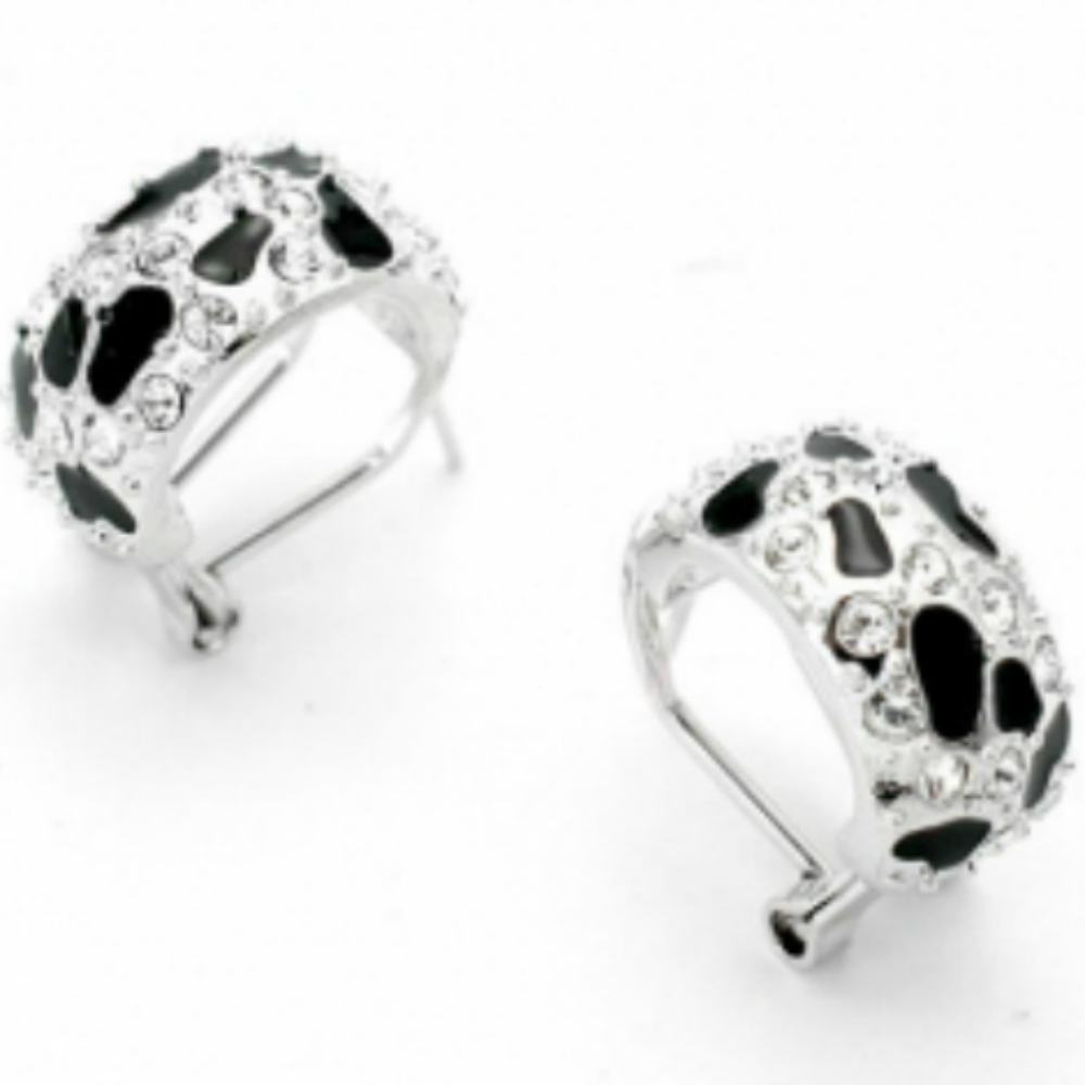 White Gold finish omega back earrings with clear cubic zirconias and black enamel